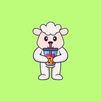 Cute sheep Drinking Boba milk tea. Animal cartoon concept isolated. Can used for t-shirt, greeting card, invitation card or mascot. Flat Cartoon Style vector