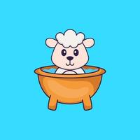 Cute sheep taking a bath in the bathtub. Animal cartoon concept isolated. Can used for t-shirt, greeting card, invitation card or mascot. Flat Cartoon Style vector