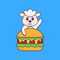 Cute sheep eating burger. Animal cartoon concept isolated. Can used for t-shirt, greeting card, invitation card or mascot. Flat Cartoon Style vector