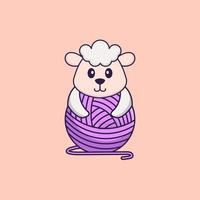 Cute sheep playing with wool yarn. Animal cartoon concept isolated. Can used for t-shirt, greeting card, invitation card or mascot. Flat Cartoon Style