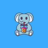 lindo elefante bebiendo té con leche de boba. aislado concepto de dibujos animados de animales. Puede utilizarse para camiseta, tarjeta de felicitación, tarjeta de invitación o mascota. estilo de dibujos animados plana vector