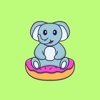 Cute elephant is sitting on donuts. Animal cartoon concept isolated. Can used for t-shirt, greeting card, invitation card or mascot. Flat Cartoon Style vector