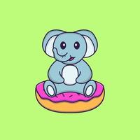 lindo elefante está sentado sobre donas. aislado concepto de dibujos animados de animales. Puede utilizarse para camiseta, tarjeta de felicitación, tarjeta de invitación o mascota. estilo de dibujos animados plana vector