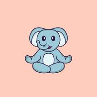 Cute elephant is meditating or doing yoga. Animal cartoon concept isolated. Can used for t-shirt, greeting card, invitation card or mascot. Flat Cartoon Style vector