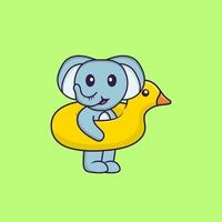 Cute elephant With Duck buoy. Animal cartoon concept isolated. Can used for t-shirt, greeting card, invitation card or mascot. Flat Cartoon Style vector