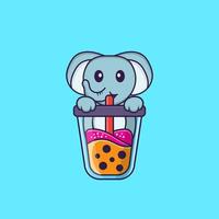 lindo elefante bebiendo té con leche de boba. aislado concepto de dibujos animados de animales. Puede utilizarse para camiseta, tarjeta de felicitación, tarjeta de invitación o mascota. estilo de dibujos animados plana vector