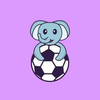 lindo elefante jugando al fútbol. aislado concepto de dibujos animados de animales. Puede utilizarse para camiseta, tarjeta de felicitación, tarjeta de invitación o mascota. estilo de dibujos animados plana vector