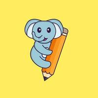 lindo elefante sosteniendo un lápiz. aislado concepto de dibujos animados de animales. Puede utilizarse para camiseta, tarjeta de felicitación, tarjeta de invitación o mascota. estilo de dibujos animados plana vector