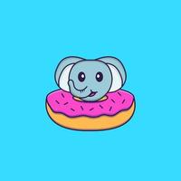 Cute elephant with a donut on his neck. Animal cartoon concept isolated. Can used for t-shirt, greeting card, invitation card or mascot. Flat Cartoon Style vector