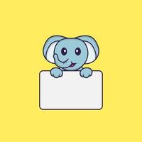 Cute elephant holding whiteboard. Animal cartoon concept isolated. Can used for t-shirt, greeting card, invitation card or mascot. Flat Cartoon Style