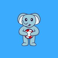 Cute elephant holding a buoy. Animal cartoon concept isolated. Can used for t-shirt, greeting card, invitation card or mascot. Flat Cartoon Style vector