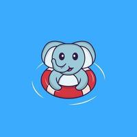 Cute elephant is Swimming with a buoy. Animal cartoon concept isolated. Can used for t-shirt, greeting card, invitation card or mascot. Flat Cartoon Style vector