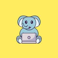 Cute elephant using laptop. Animal cartoon concept isolated. Can used for t-shirt, greeting card, invitation card or mascot. Flat Cartoon Style vector