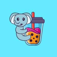 lindo elefante bebiendo té con leche de boba. aislado concepto de dibujos animados de animales. Puede utilizarse para camiseta, tarjeta de felicitación, tarjeta de invitación o mascota. estilo de dibujos animados plana vector