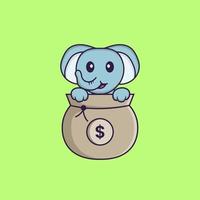 Cute elephant playing in money bag. Animal cartoon concept isolated. Can used for t-shirt, greeting card, invitation card or mascot. Flat Cartoon Style vector