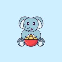 Cute elephant eating ramen noodles. Animal cartoon concept isolated. Can used for t-shirt, greeting card, invitation card or mascot. Flat Cartoon Style vector