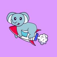 Cute elephant flying on rocket. Animal cartoon concept isolated. Can used for t-shirt, greeting card, invitation card or mascot. Flat Cartoon Style vector