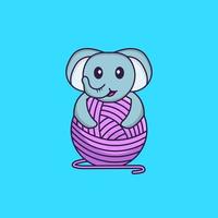 lindo elefante jugando con hilo de lana. aislado concepto de dibujos animados de animales. Puede utilizarse para camiseta, tarjeta de felicitación, tarjeta de invitación o mascota. estilo de dibujos animados plana vector