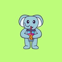 lindo elefante bebiendo té con leche de boba. aislado concepto de dibujos animados de animales. Puede utilizarse para camiseta, tarjeta de felicitación, tarjeta de invitación o mascota. estilo de dibujos animados plana vector