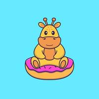 Cute giraffe is sitting on donuts. Animal cartoon concept isolated. Can used for t-shirt, greeting card, invitation card or mascot. Flat Cartoon Style vector