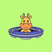 Cute giraffe Driving Spaceship Ufo. Animal cartoon concept isolated. Can used for t-shirt, greeting card, invitation card or mascot. Flat Cartoon Style vector