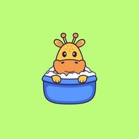 Cute giraffe taking a bath in the bathtub. Animal cartoon concept isolated. Can used for t-shirt, greeting card, invitation card or mascot. Flat Cartoon Style vector