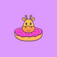 Cute giraffe with a donut on his neck. Animal cartoon concept isolated. Can used for t-shirt, greeting card, invitation card or mascot. Flat Cartoon Style vector