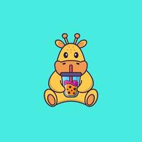 Cute giraffe Drinking Boba milk tea. Animal cartoon concept isolated. Can used for t-shirt, greeting card, invitation card or mascot. Flat Cartoon Style vector