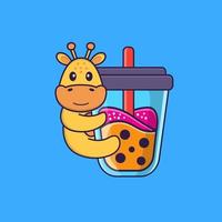 Cute giraffe Drinking Boba milk tea. Animal cartoon concept isolated. Can used for t-shirt, greeting card, invitation card or mascot. Flat Cartoon Style vector