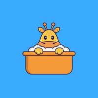 Cute giraffe taking a bath in the bathtub. Animal cartoon concept isolated. Can used for t-shirt, greeting card, invitation card or mascot. Flat Cartoon Style vector