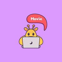 Cute giraffe is watching a movie. Animal cartoon concept isolated. Can used for t-shirt, greeting card, invitation card or mascot. Flat Cartoon Style vector