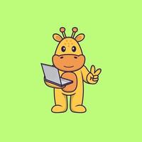 Cute giraffe holding laptop. Animal cartoon concept isolated. Can used for t-shirt, greeting card, invitation card or mascot. Flat Cartoon Style vector