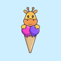 Cute giraffe with sweet ice cream. Animal cartoon concept isolated. Can used for t-shirt, greeting card, invitation card or mascot. Flat Cartoon Style vector