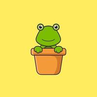 Cute frog in a flower vase. Animal cartoon concept isolated. Can used for t-shirt, greeting card, invitation card or mascot. Flat Cartoon Style vector