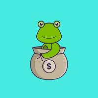 Cute frog in a money bag. Animal cartoon concept isolated. Can used for t-shirt, greeting card, invitation card or mascot. Flat Cartoon Style vector