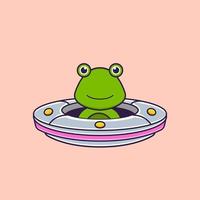 Cute frog Driving Spaceship Ufo. Animal cartoon concept isolated. Can used for t-shirt, greeting card, invitation card or mascot. Flat Cartoon Style vector