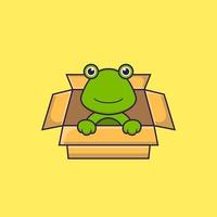 Cute frog Playing In Box. Animal cartoon concept isolated. Can used for t-shirt, greeting card, invitation card or mascot. Flat Cartoon Style vector