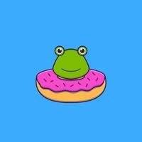 Cute frog with a donut on his neck. Animal cartoon concept isolated. Can used for t-shirt, greeting card, invitation card or mascot. Flat Cartoon Style vector