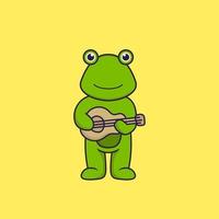 Cute frog playing guitar. Animal cartoon concept isolated. Can used for t-shirt, greeting card, invitation card or mascot. Flat Cartoon Style