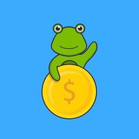 Cute frog holding coin. Animal cartoon concept isolated. Can used for t-shirt, greeting card, invitation card or mascot. Flat Cartoon Style vector