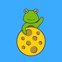 Cute frog is on the moon. Animal cartoon concept isolated. Can used for t-shirt, greeting card, invitation card or mascot. Flat Cartoon Style vector