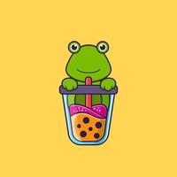 Cute frog Drinking Boba milk tea. Animal cartoon concept isolated. Can used for t-shirt, greeting card, invitation card or mascot. Flat Cartoon Style vector