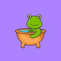 Cute frog taking a bath in the bathtub. Animal cartoon concept isolated. Can used for t-shirt, greeting card, invitation card or mascot. Flat Cartoon Style vector