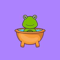 Cute frog taking a bath in the bathtub. Animal cartoon concept isolated. Can used for t-shirt, greeting card, invitation card or mascot. Flat Cartoon Style vector