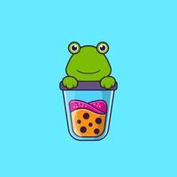 Cute frog Drinking Boba milk tea. Animal cartoon concept isolated. Can used for t-shirt, greeting card, invitation card or mascot. Flat Cartoon Style vector