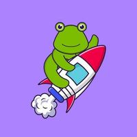 Cute frog flying on rocket. Animal cartoon concept isolated. Can used for t-shirt, greeting card, invitation card or mascot. Flat Cartoon Style vector