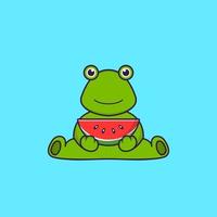 Cute frog eating watermelon. Animal cartoon concept isolated. Can used for t-shirt, greeting card, invitation card or mascot. Flat Cartoon Style vector