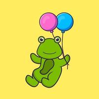 linda rana volando con dos globos. aislado concepto de dibujos animados de animales. Puede utilizarse para camiseta, tarjeta de felicitación, tarjeta de invitación o mascota. estilo de dibujos animados plana vector