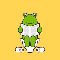 Cute frog Pooping On Toilet and read newspaper. Animal cartoon concept isolated. Can used for t-shirt, greeting card, invitation card or mascot. Flat Cartoon Style