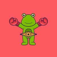 Cute frog in boxer costume with champion belt. Animal cartoon concept isolated. Can used for t-shirt, greeting card, invitation card or mascot. Flat Cartoon Style vector